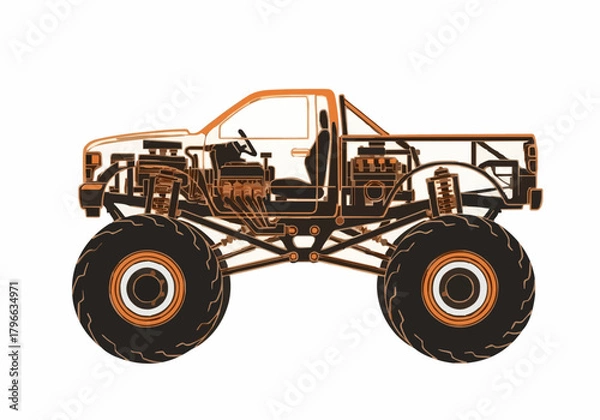 Fototapeta Detailed vector illustration of extreme offroad racing vehicle skeleton high performance monster truck chassis design showing engine suspension and huge wheels