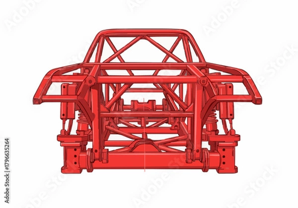 Fototapeta Red tubular steel frame chassis structure for offroad racing vehicle or monster truck technical blueprint vector illustration