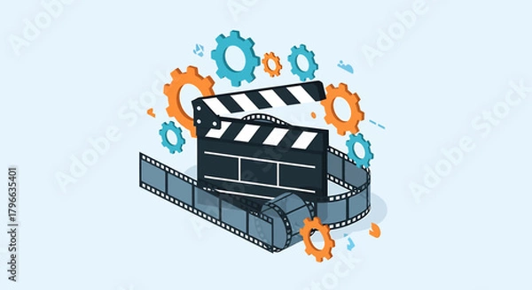 Obraz A flat design vector illustration symbolizing the intricate process of filmmaking, featuring a clapperboard surrounded by gears and a winding film strip. 