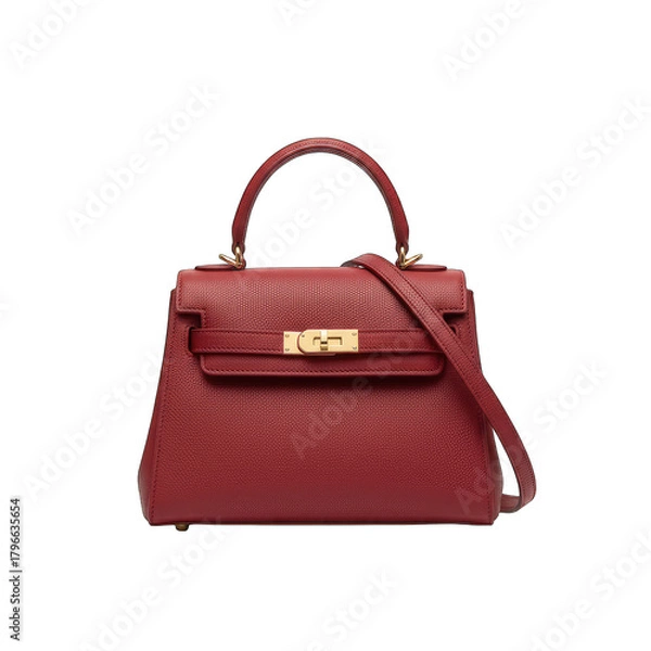 Fototapeta Elegant Red Textured Handbag With Golden Accents And A Detachable Strap Isolated On A Black Background