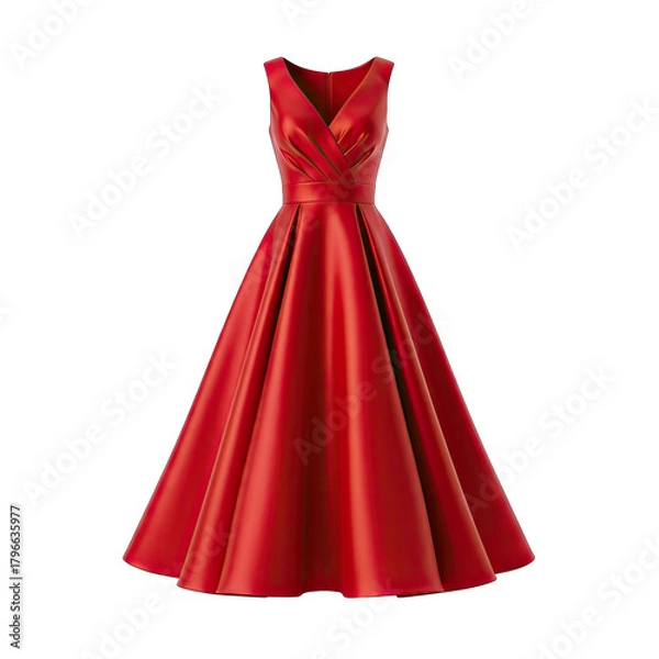Fototapeta Elegant Satin Red V Neck A Line Floor Length Evening Gown With Belt Detail
