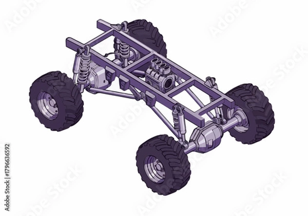 Fototapeta Isometric vector drawing of heavy duty monster truck chassis frame suspension system engine and oversized offroad tires on isolated white background