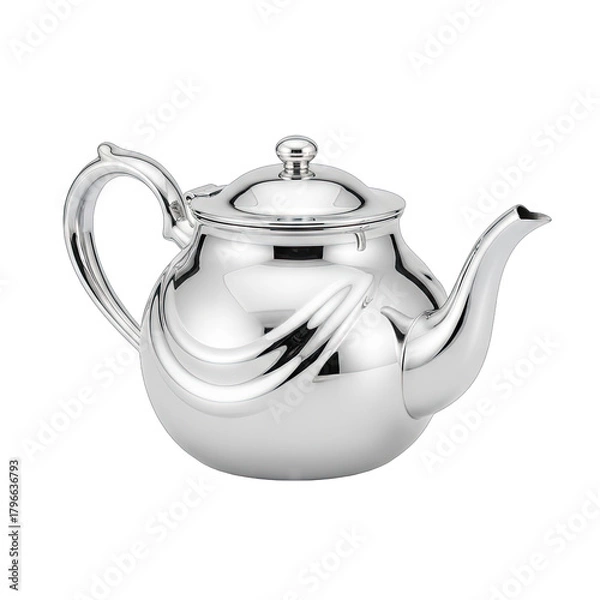 Fototapeta Elegant Silver Teapot With Ornate Swirl Design Isolated On A White Background Studio Product Shot Reflecting Light In A Soft Tone