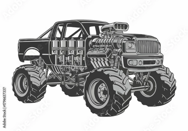 Fototapeta Dramatic vector illustration shows a powerful black monster truck with a supercharged engine and oversized tires, emphasizing strength in a low angle perspective.