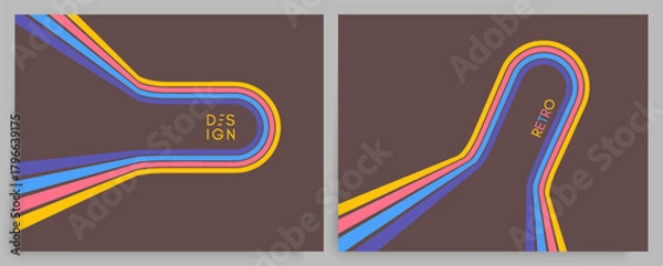 Fototapeta A retro 1970s-style background. Colorful lines. Abstract, dynamic curved ribbons. Designed for posters or banners for sports competitions and races. A collection of vector illustrations.