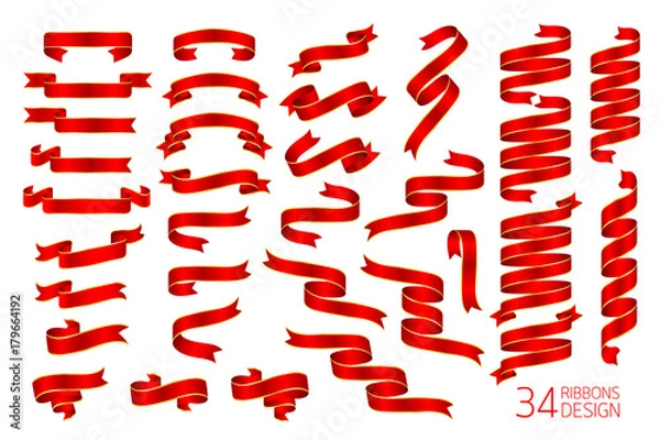 Obraz Zestaw czerwoną wstążką ze złotym paskiem. Styl gradientu. Ilustracja wektorowa na białym tle.