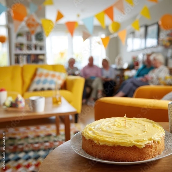 Obraz Indoor Social Gathering with Celebratory Cake in Brightly Decorated Lounge Environment
