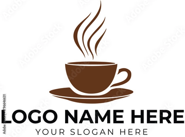 Fototapeta Coffee cup logo vector with steam and saucer in brown tones for café, beverage brand, or food service identity