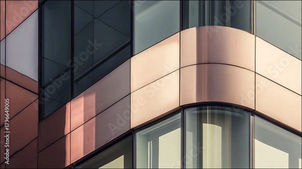 Fototapeta Modern building facade with copper and glass geometric patterns modern architecture copper panels