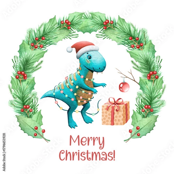 Obraz Baby Tyrannosaur dinosaur under wreath has garland and present Funny Christmas holidays character