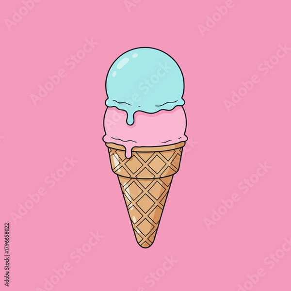 Fototapeta Cartoon illustration of a two-scoop ice cream cone with blue and pink flavors melting on a vibrant pink background.
