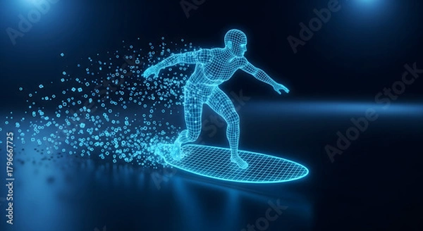 Fototapeta Futuristic surfer riding a digital wave of light particles in a dark, futuristic environment
