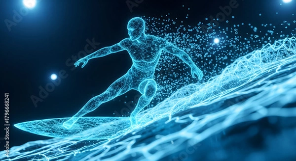 Fototapeta A futuristic digital surfer made of glowing blue particles rides a data wave in a virtual cyberspace environment