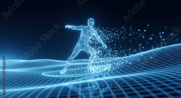 Fototapeta Digital Surfer Riding A Wave Of Light Particles On A Wireframe Ocean