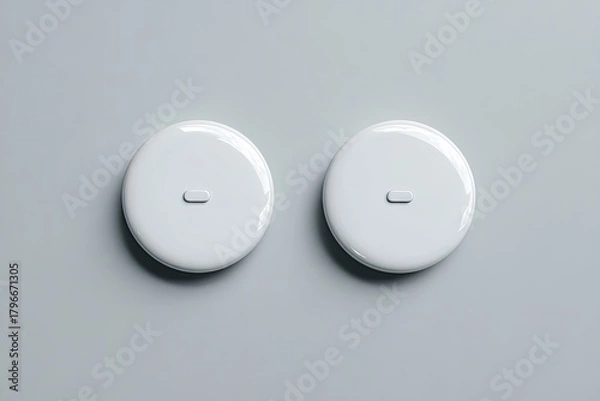 Fototapeta Two identical, glossy white, round buttons/switches on a light gray surface