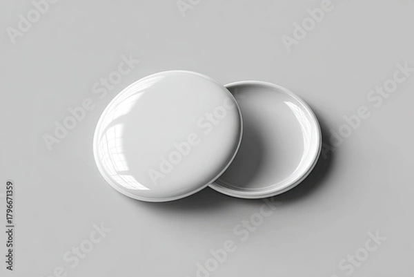 Fototapeta Two round, white, glossy containers, one open, the other closed, positioned atop a light gray surface