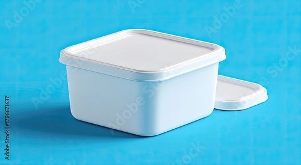 Fototapeta Square, white plastic food container with a matching lid on a teal background