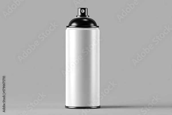 Fototapeta Blank white spray paint can with black nozzle,  against a neutral gray backdrop