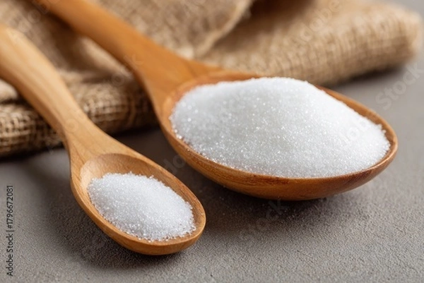 Fototapeta Two wooden spoons holding granulated sugar, one large and one small, on a gray surface with a burlap cloth in the background