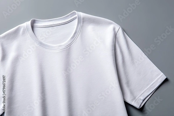 Fototapeta Close-up of a plain white t-shirt laid flat, displaying the neckline and short sleeves against a neutral gray backdrop