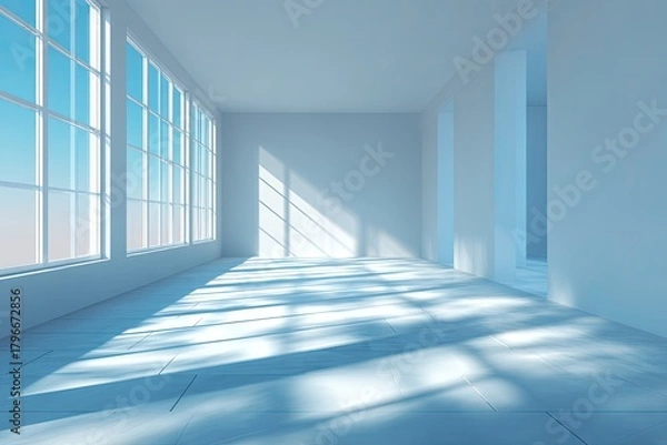 Fototapeta Empty sunlit room with large windows