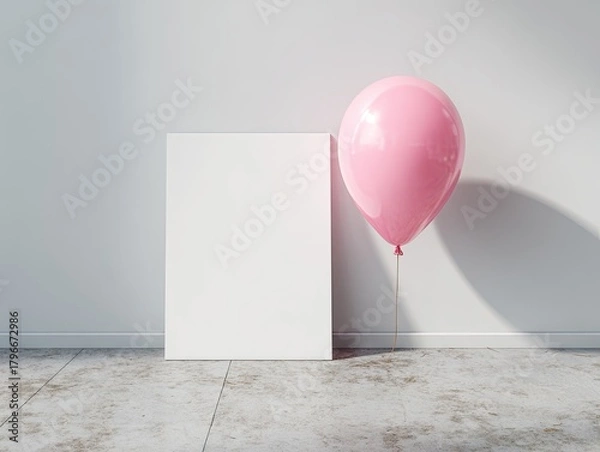 Fototapeta Empty white canvas and pink balloon in a light room