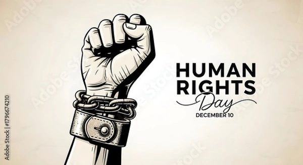 Fototapeta Human rights day concept with a fist breaking chains and text