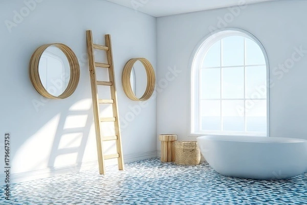 Obraz Light, airy bathroom with a coastal view.  Wooden ladder, round mirrors, and a soaking tub