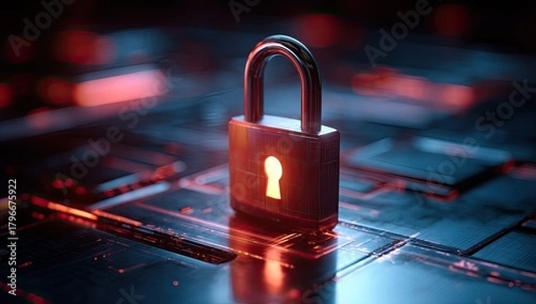 Obraz A metallic padlock sits atop a futuristic circuit board, illuminated by vibrant red and blue light