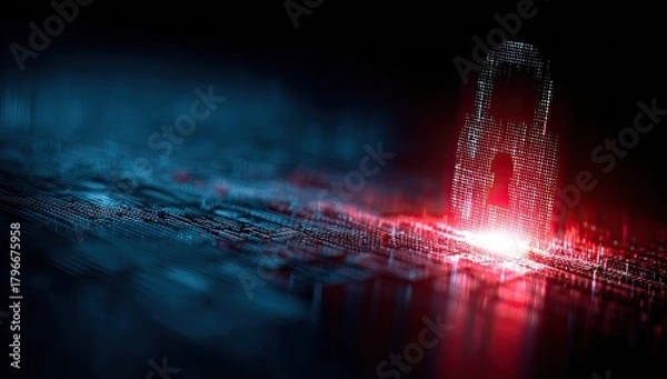 Obraz Digital padlock glowing red on a dark circuit board