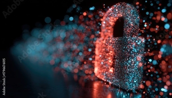 Obraz A digital padlock, composed of shimmering particles, rests against a dark background.  Blurred, colorful particles streak past, suggesting movement and activity