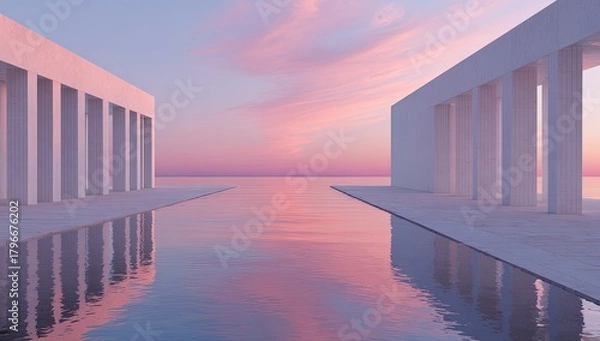 Obraz A serene, minimalist architectural scene at sunset over water.  White pillars frame a calm pool reflecting a pastel pink sky
