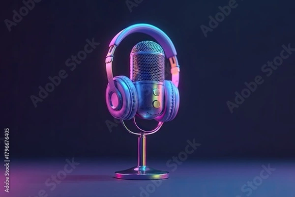 Obraz Studio microphone and headphones, vibrant lighting
