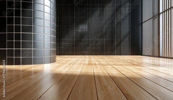 Obraz Modern interior with dark walls, tiled column, and light wood floor