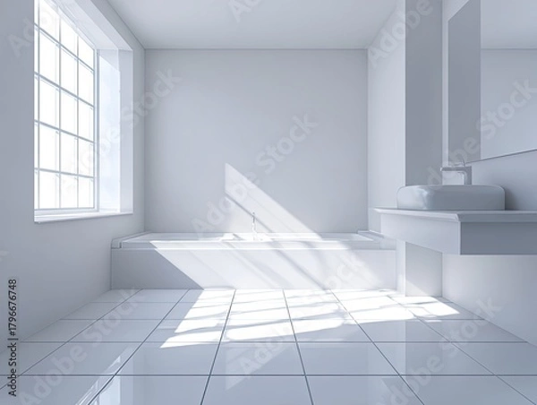 Obraz Modern, bright, minimalist bathroom. Sunlight streams in through a large window, illuminating the white tile floor and walls.  A freestanding bathtub and a simple vanity complete the space