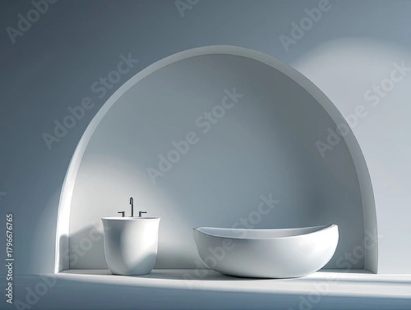 Obraz Modern, minimalist bathroom with an arched alcove, showcasing a sleek bathtub and pedestal sink.  Soft light bathes the scene