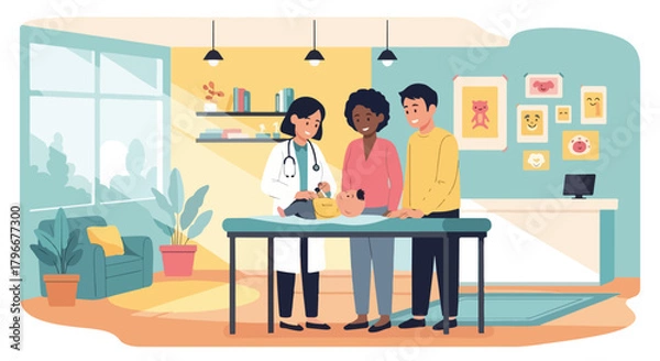 Fototapeta Illustration of a doctor and two patients discussing health in a modern, colorful medical office with a friendly atmosphere.