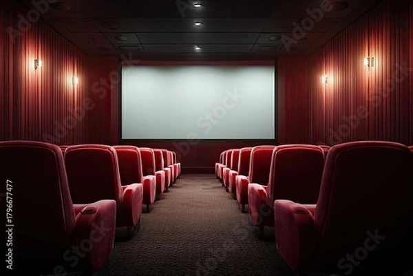 Obraz Empty movie theater interior, red seats, blank screen
