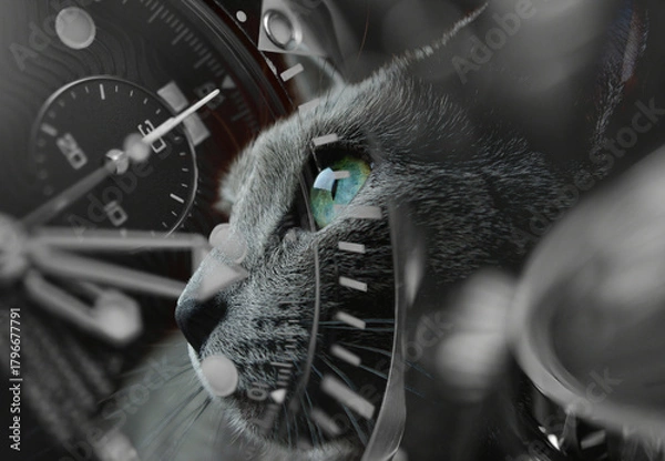 Obraz 時計と猫のロシアンブルー　壁紙