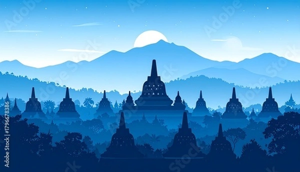 Obraz Silhouette illustration of ancient spired structures with mountain scenery