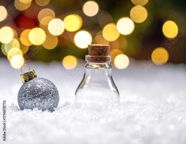 Fototapeta Silver bauble and small glass bottle on a snowy surface with bokeh lights