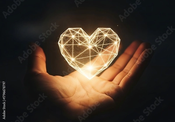 Fototapeta A glowing, geometric heart shape held gently in an open palm, symbolizing love, care, and digital connection against a dark, dramatic background