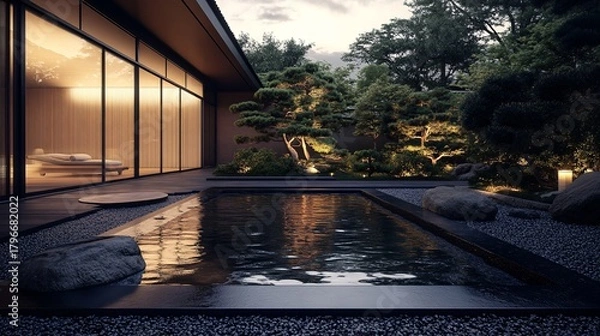 Fototapeta Minimalist Outdoor Onsen Pool in a Modern Zen Garden