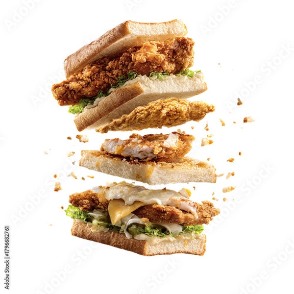 Fototapeta Delicious fried chicken sandwich exploding with ingredients