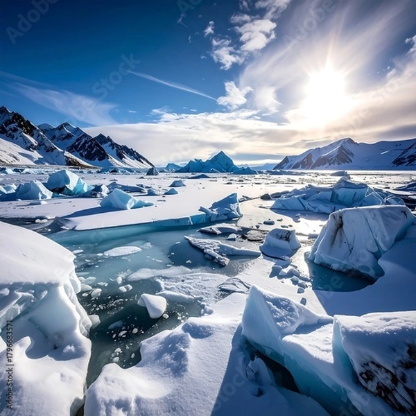Fototapeta A breathtaking arctic panorama featuring a frozen sea dotted with icebergs and surrounded by snow-capped mountains under a bright sun