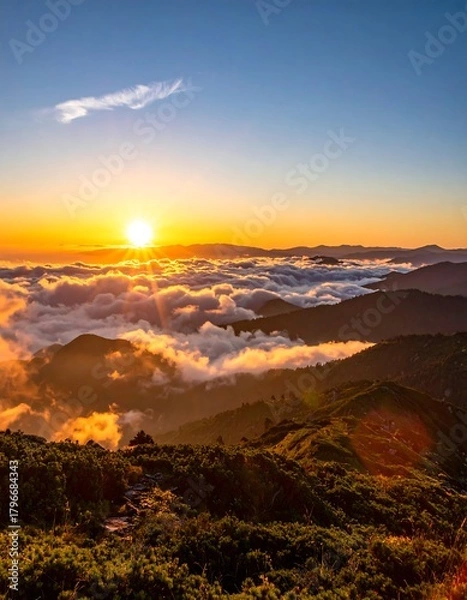 Fototapeta A breathtaking landscape captures a vibrant sunset over rolling mountain ridges enveloped in a sea of clouds. Rays of light pierce the dense atmosphere