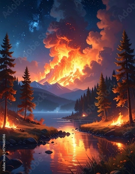 Fototapeta A breathtaking landscape with a massive fire consuming the mountains and reflecting in the serene lake under a starry night sky
