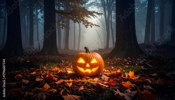Fototapeta A carved pumpkin with an illuminated face sits in a spooky, foggy forest. Fall leaves litter the ground. The scene is dark