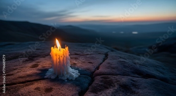 Fototapeta A solitary candle burns on a rocky surface during sunset, creating a warm glow against the cool tones of the landscape and sky