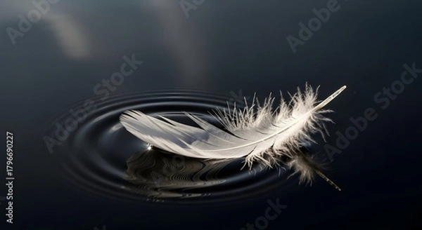 Fototapeta A delicate white feather floats gently on the surface of dark water, creating subtle ripples around it and emphasizing its soft, intricate structure